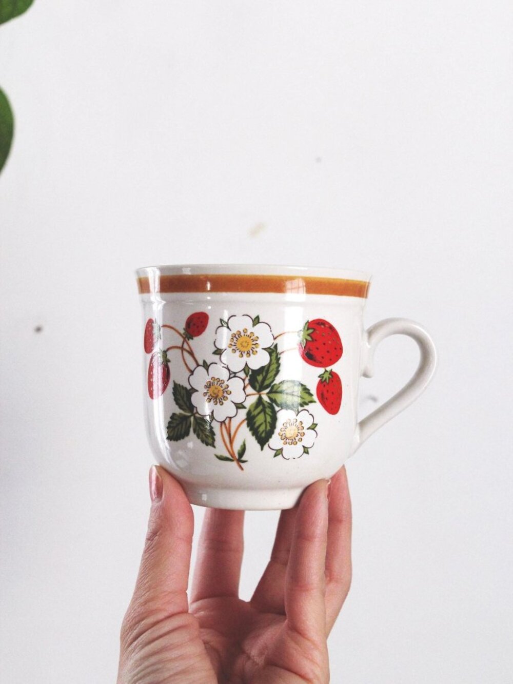 Vintage Coffee Mug Strawberry Stoneware Japan Strawberries & Cream 70s